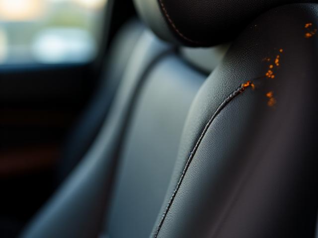 Detalle de un asiento de coche con tapicería de cuero personalizada con costuras de contraste.