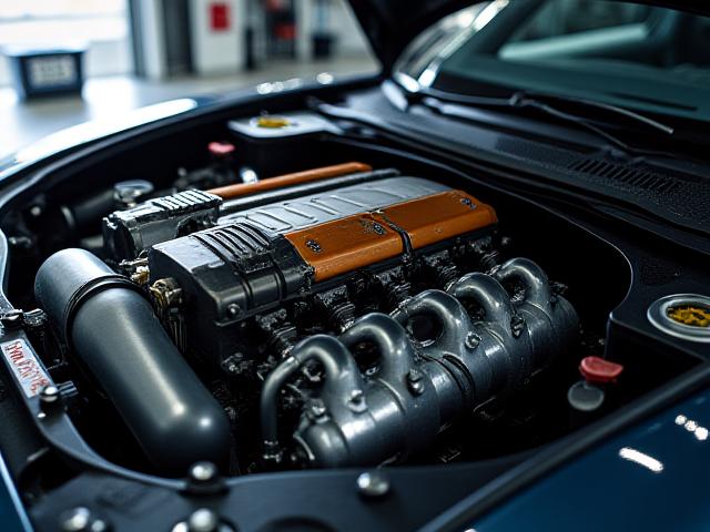 Automóvil deportivo con motor recién ajustado y elementos de alto rendimiento.